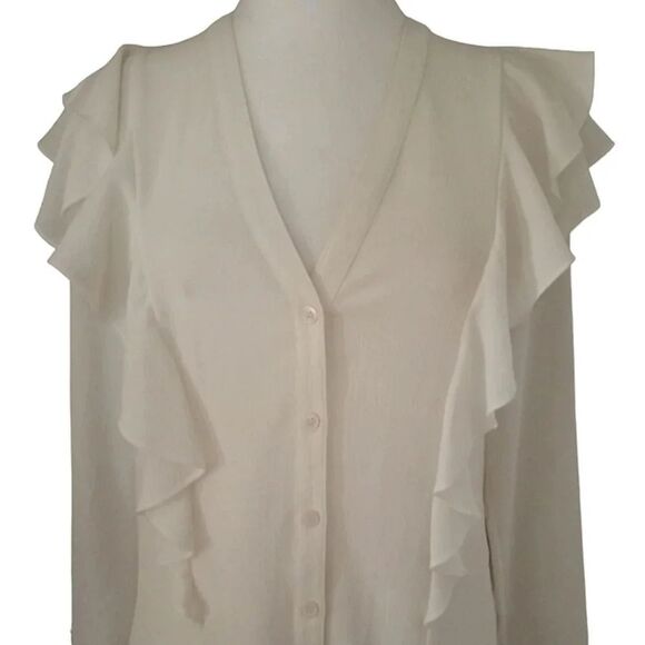 Veronica Beard Light Cream Color Ruffle Detail Crepe Feel Blouse Size 4 - Picture 4 of 7